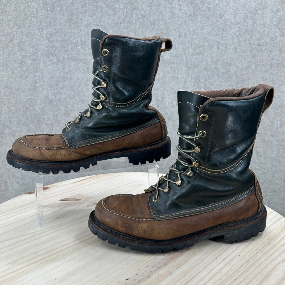 Vintage Vibram Hunting Boots Mens 7.5 Brown Green Leather Moc Toe Lug Sole